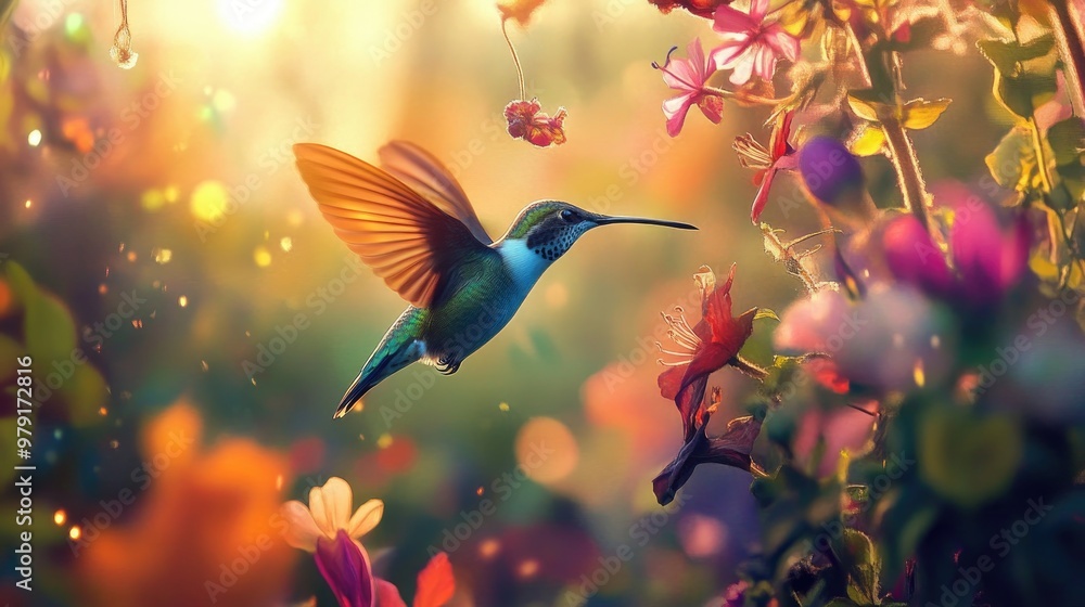 A colorful hummingbird flies elegantly through a flower garden, its delicate wings flapping quickly as it approaches a bloom. A colorful hummingbird flies elegantly through a flower garden, its delicate wings flapping quickly as it approaches a bloom.