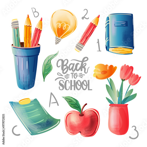 School supplies set. Back to school lettering. Childrens subjects. Vector illustration in a watercolor style on a white background