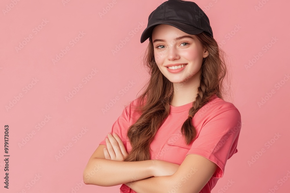 A young woman in a pink shirt and black cap poses confidently against a vibrant pink background A young woman in a pink shirt and black cap poses confidently against a vibrant pink background