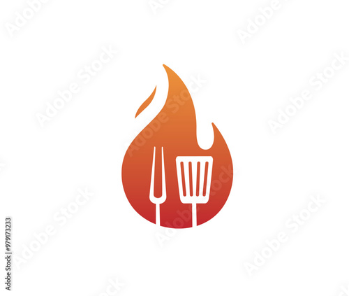 creative fire flame and cooking equipement spatula and fork logo vector symbol design icon illustration
