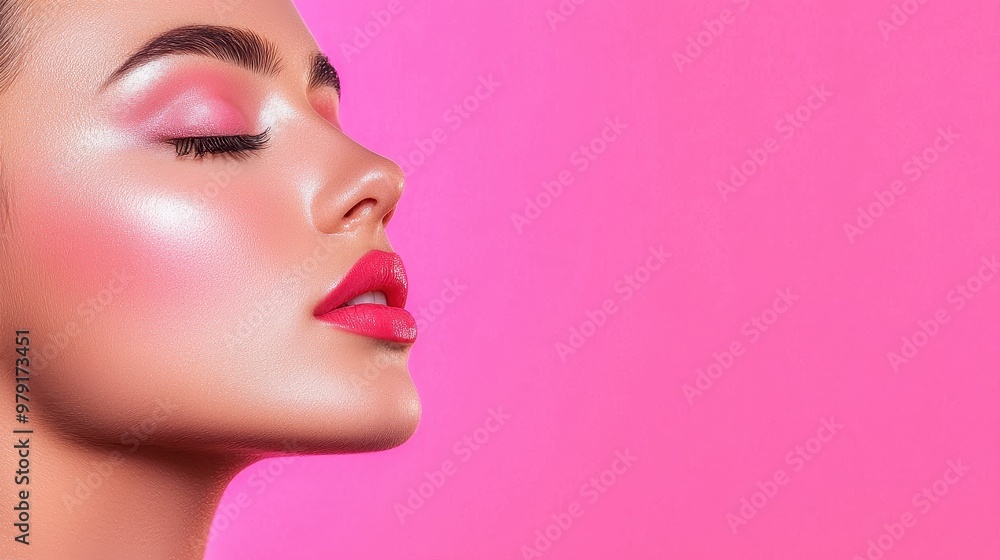 Woman with pink makeup on pink background Woman with pink makeup on pink background