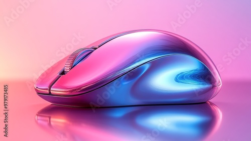 A sleek, futuristic chrome object, like a retro-inspired computer mouse, set against a minimalistic soft pastel gradient background in blues and purples