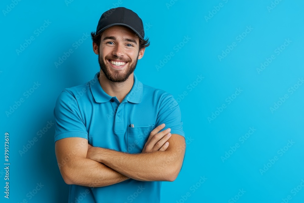 Young man in a blue polo shirt smiling confidently against a vibrant turquoise background in a cheerful indoor setting Young man in a blue polo shirt smiling confidently against a vibrant turquoise background in a cheerful indoor setting