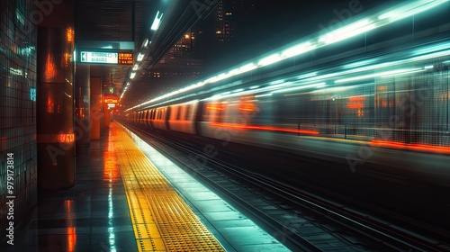 A quiet subway station at dusk, with an empty platform and a blurred train speeding by, illuminated in warm