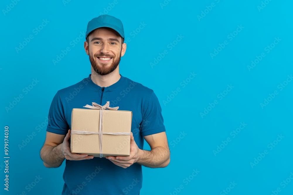 Smiling delivery person holds a brown package against a bright blue background in a cheerful gesture during daytime Smiling delivery person holds a brown package against a bright blue background in a cheerful gesture during daytime