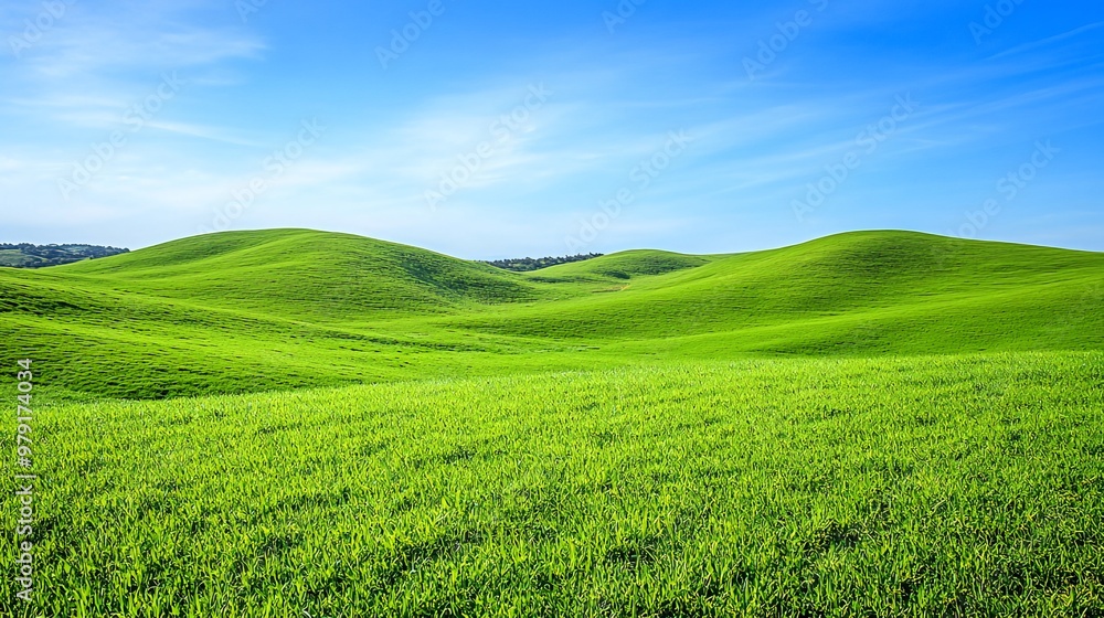 Obraz premium A panoramic view of rolling green hills under a bright blue sky with fluffy white clouds.