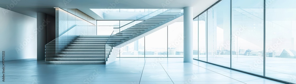 Fototapeta premium Modern interior space featuring a sleek staircase and large windows, creating a bright and open atmosphere.