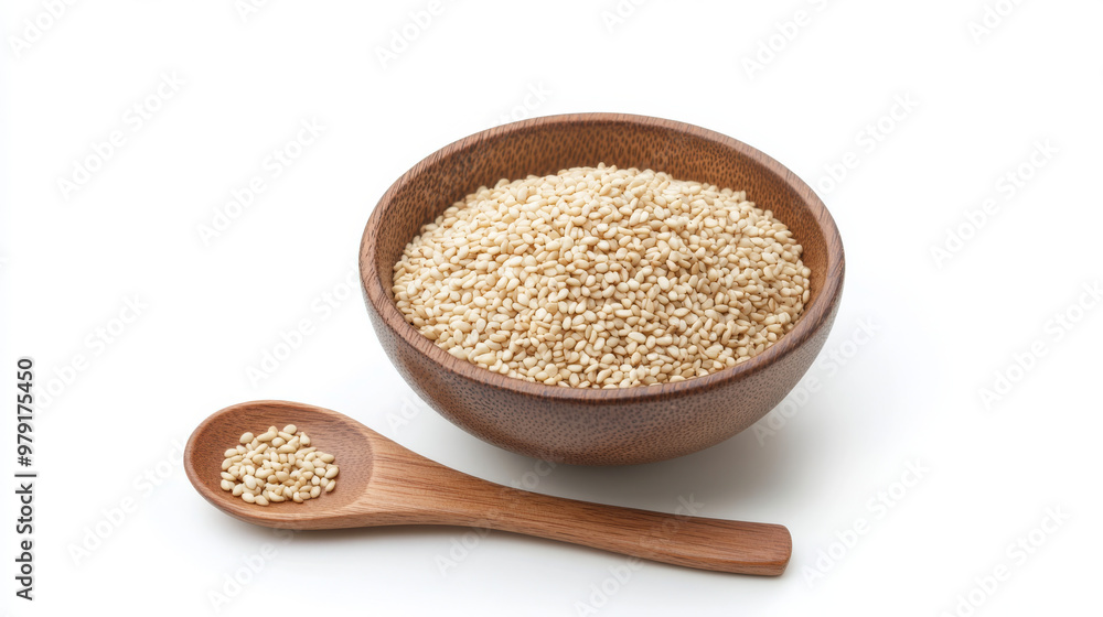 A bowl of sesame seeds, made of wood, sits on a white background. A wooden spoon is next to it. The image is focused clearly throughout. A bowl of sesame seeds, made of wood, sits on a white background. A wooden spoon is next to it. The image is focused clearly throughout.