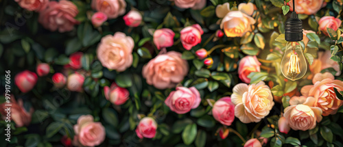 Botanical background with pink blooming roses, glowing string garlands, lantern at the evening garden. Romantic ambience in backyard. Bokeh,lights, blurred backdrop. Generative ai 