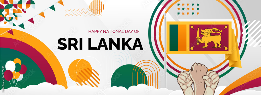 Obraz premium Sri Lanka Independence day banner. Latest horizontal poster with Sri Lanka flag, raised fist and typography. Great background for national day greeting cards, holidays, sport events and web header