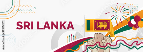 Sri Lanka Independence day banner. Latest horizontal poster with Sri Lanka flag, raised fist and typography. Great background for national day greeting cards, holidays, sport events and web header