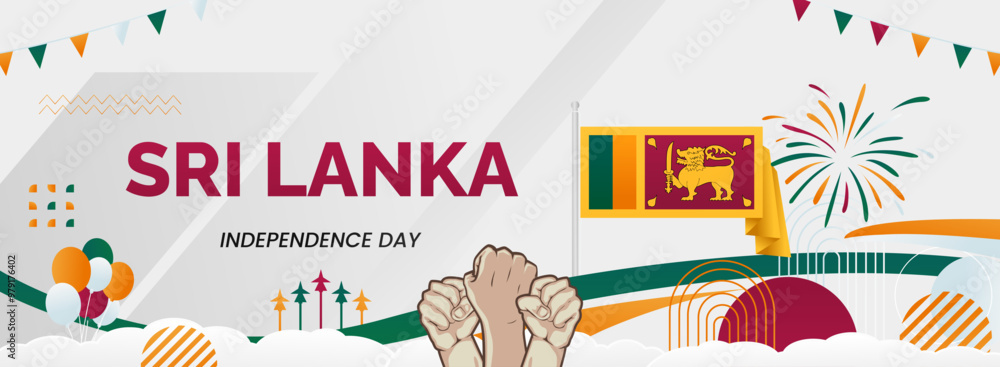 Fototapeta premium Sri Lanka Independence day banner. Latest horizontal poster with Sri Lanka flag, raised fist and typography. Great background for national day greeting cards, holidays, sport events and web header