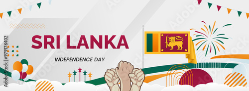 Sri Lanka Independence day banner. Latest horizontal poster with Sri Lanka flag, raised fist and typography. Great background for national day greeting cards, holidays, sport events and web header
