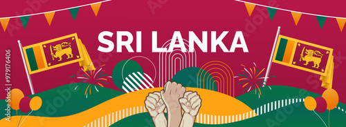 Sri Lanka Independence day banner. Latest horizontal poster with Sri Lanka flag, raised fist and typography. Great background for national day greeting cards, holidays, sport events and web header