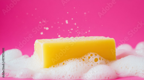 A bright yellow bar of soap sits in a fluffy white foam against a vibrant pink background. There's plenty of space in the middle for text. photo