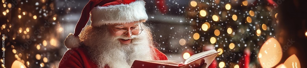 A joyful Santa Claus reads a book, surrounded by twinkling lights and festive decor, capturing the magic of Christmas. A joyful Santa Claus reads a book, surrounded by twinkling lights and festive decor, capturing the magic of Christmas.