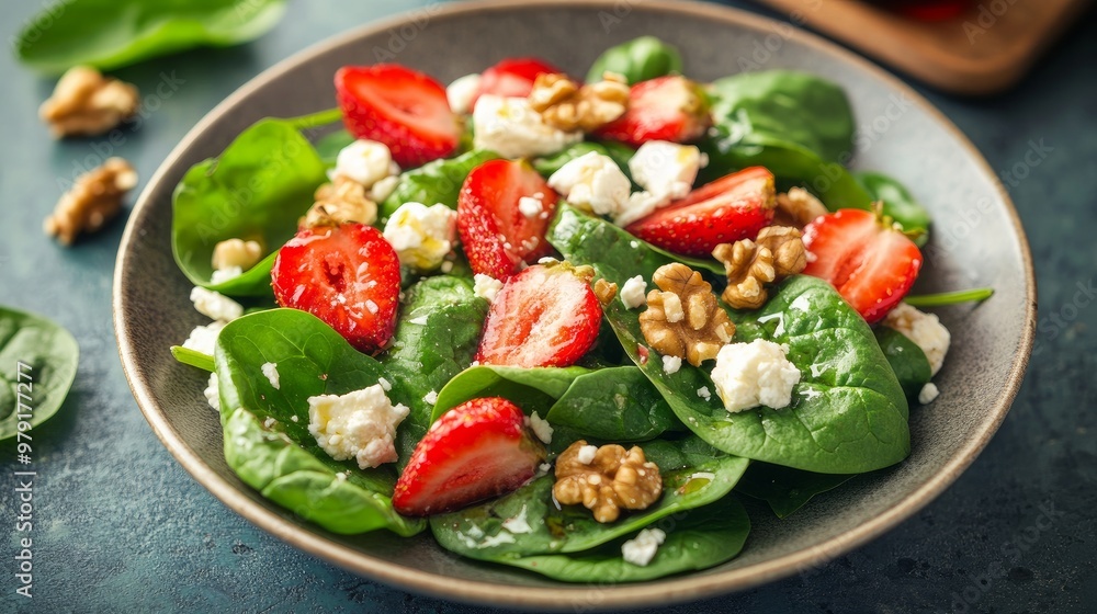 A plate of freshly made salad featuring baby spinach leaves, feta cheese, walnuts, sliced strawberries, and a mild vinaigrette dressing. incredibly small depth of field combined with selective focus. A plate of freshly made salad featuring baby spinach leaves, feta cheese, walnuts, sliced strawberries, and a mild vinaigrette dressing. incredibly small depth of field combined with selective focus.