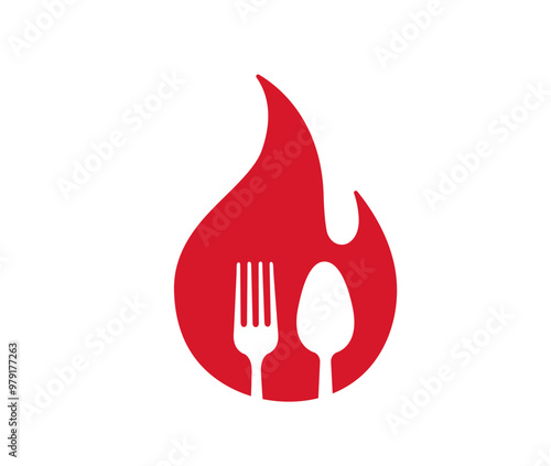 creative fire flame and eating tools spoon and fork logo vector symbol design icon illustration