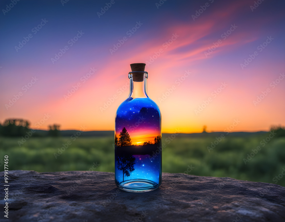 Surreal Glass Bottle with Vivid Blue Liquid Enclosing Captivating Sunset and Starry Sky Landscape Featuring Deep Orange and Purple Hues, Pine Tree Silhouette, and Lush Greenery Background Surreal Glass Bottle with Vivid Blue Liquid Enclosing Captivating Sunset and Starry Sky Landscape Featuring Deep Orange and Purple Hues, Pine Tree Silhouette, and Lush Greenery Background
