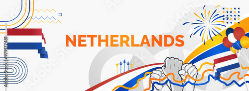 Happy Netherlands National Day Banner. Modern horizontal poster with Dutch flag, raised fist and typography. Greeting card template for King's day or Liberation day, holidays and sport events