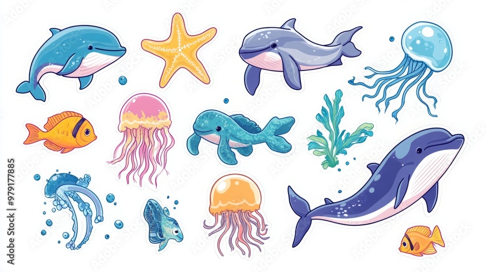 Set of Colorful Sea Animal Stickers Featuring Dolphins, Whales, Tropical Fish, Sea Turtles, Jellyfish, and Starfish, Detailed Illustrations with Clear Outlines on Plain Background Set of Colorful Sea Animal Stickers Featuring Dolphins, Whales, Tropical Fish, Sea Turtles, Jellyfish, and Starfish, Detailed Illustrations with Clear Outlines on Plain Background