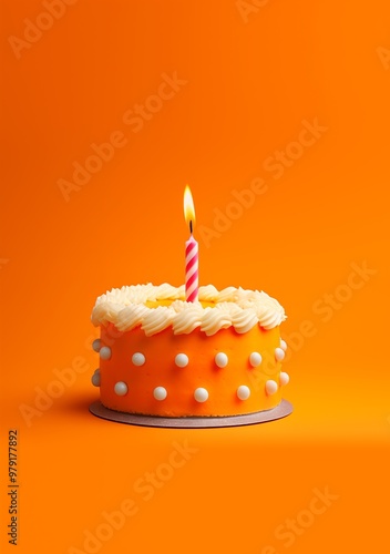 An orange first birthday cake with white icing, one candle, clean orange gradient background suitable for a vertical poster with room for text, copy space.
