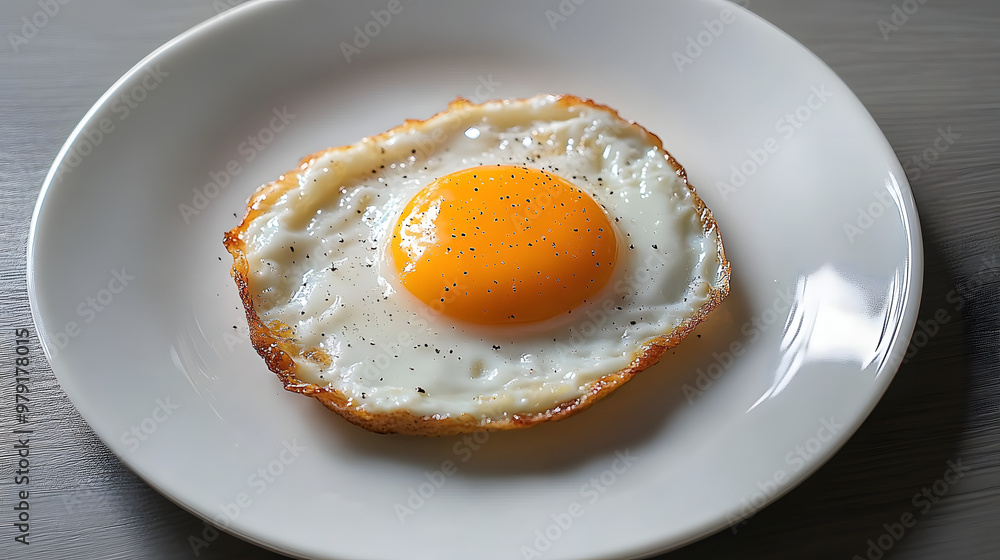 Single fried egg on white plate, minimalist composition. Single fried egg on white plate, minimalist composition.