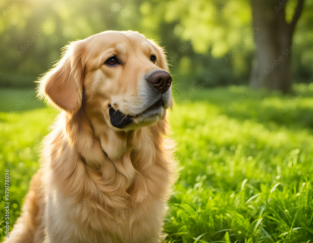 Golden Retriever Sitting Gracefully on Lush Green Lawn Surrounded by Vibrant Blurred Foliage, Glowing Silky Fur in Sunlight, Expressive Eyes Evoking Warmth and Companionship, Serene Nature Ambiance Golden Retriever Sitting Gracefully on Lush Green Lawn Surrounded by Vibrant Blurred Foliage, Glowing Silky Fur in Sunlight, Expressive Eyes Evoking Warmth and Companionship, Serene Nature Ambiance