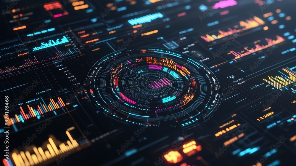 Futuristic Digital Interface with Glowing Data and Charts Futuristic Digital Interface with Glowing Data and Charts