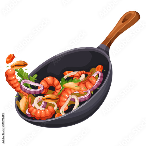 Flying cartoon wok with mussel and shrimp stir fry. Seafood, onion rings falling onto cast iron pan to cook delicious dish. Asian food mascot, cartoon fried shrimps recipe vector illustration