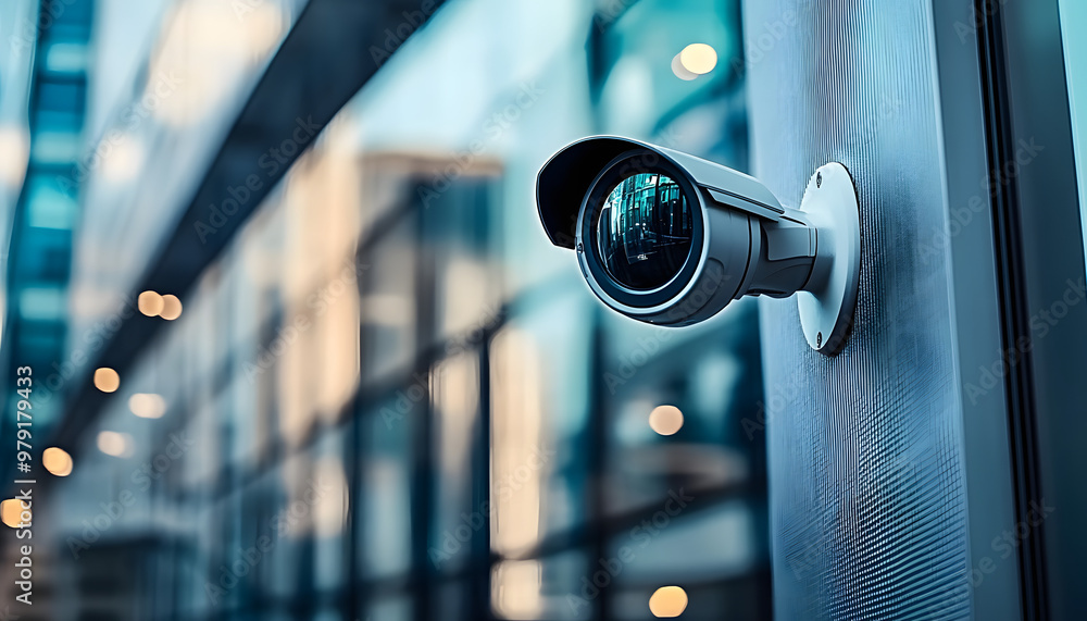 close-up of a security camera on the wall of a modern business bulding on the street, copy space close-up of a security camera on the wall of a modern business bulding on the street, copy space