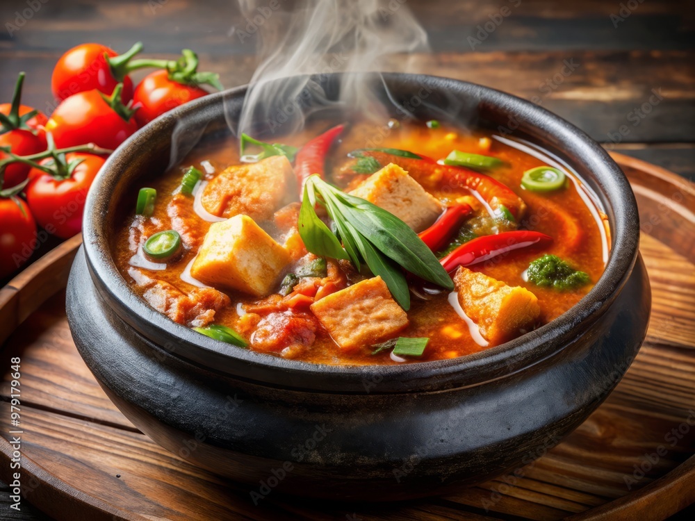 Aromatic steam rises from a bubbling South Korean stone pot, infused with the savory scents of fresh ingredients Aromatic steam rises from a bubbling South Korean stone pot, infused with the savory scents of fresh ingredients
