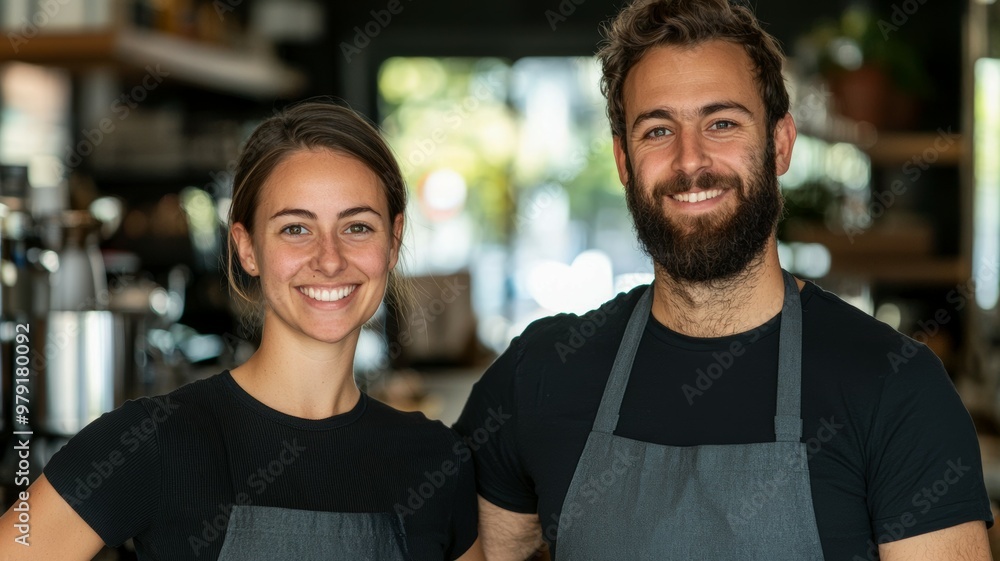 A man and woman are smiling for the camera in a restaurant A man and woman are smiling for the camera in a restaurant