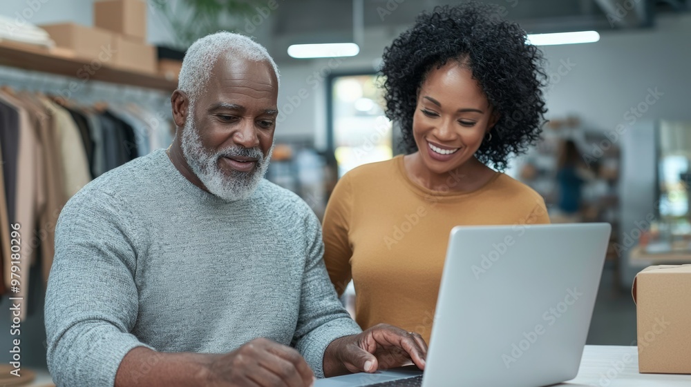 A man and a woman are looking at a laptop together A man and a woman are looking at a laptop together