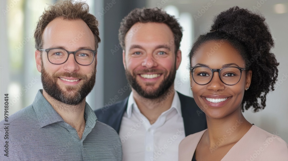 Three men and a woman are smiling for the camera