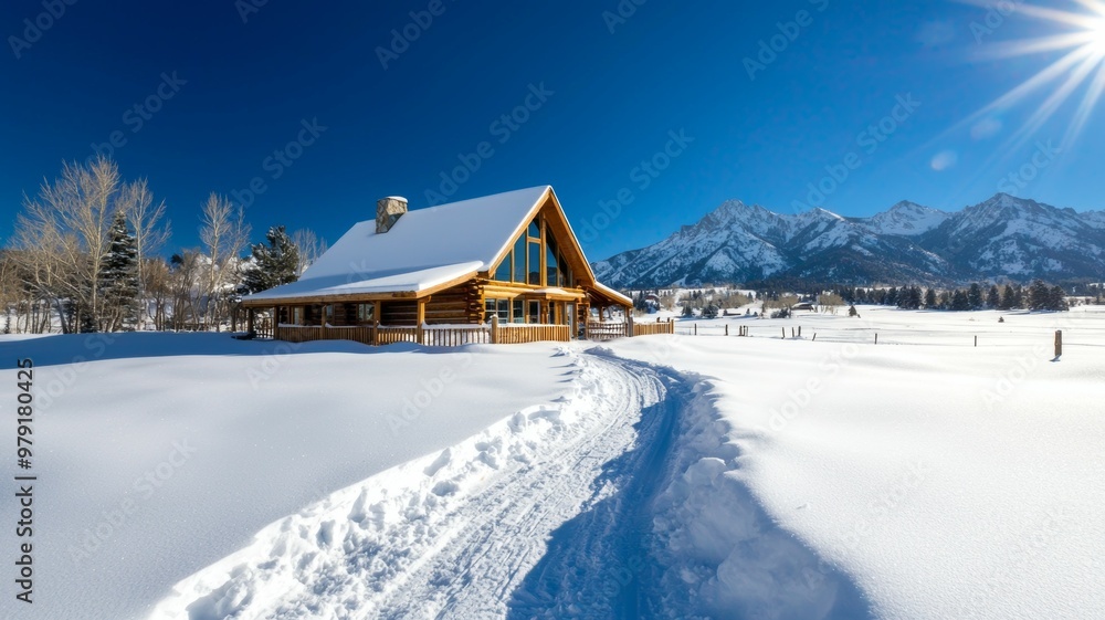 A log cabin in the snow with a path leading to it A log cabin in the snow with a path leading to it