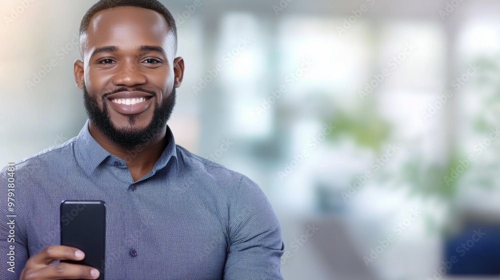 A man with a beard is smiling and holding a cell phone A man with a beard is smiling and holding a cell phone