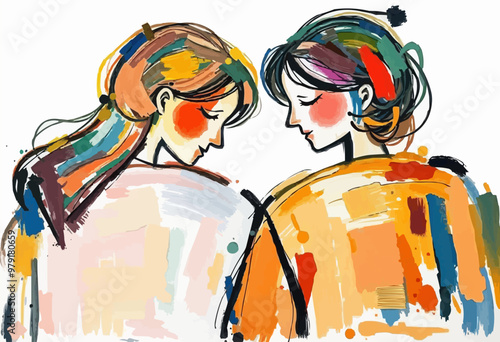 oil painting illustration for friendship day.
girls couple digital art vector illustration.