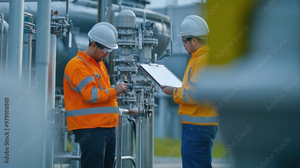 Engineers inspecting the pressure and temperature control systems at an underground natural gas storage facility Engineers inspecting the pressure and temperature control systems at an underground natural gas storage facility