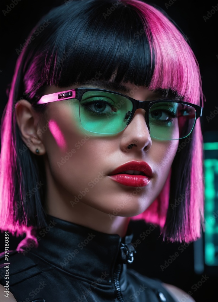bold cyberpunk-inspired portrait featuring a woman with striking pink and black hair, futuristic glasses with green lenses, and neon lights casting vibrant reflections bold cyberpunk-inspired portrait featuring a woman with striking pink and black hair, futuristic glasses with green lenses, and neon lights casting vibrant reflections