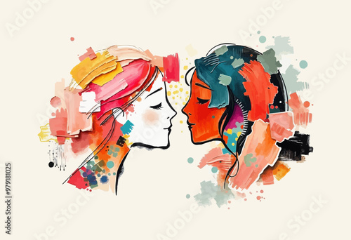 oil painting illustration for friendship day.
girls couple digital art vector illustration.