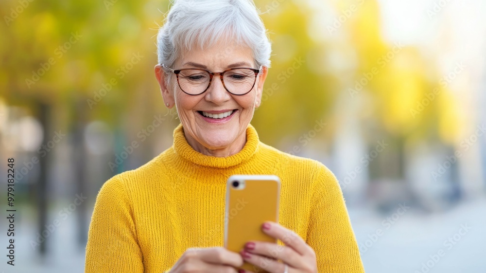 A woman in a yellow sweater is smiling as she looks at her cell phone A woman in a yellow sweater is smiling as she looks at her cell phone