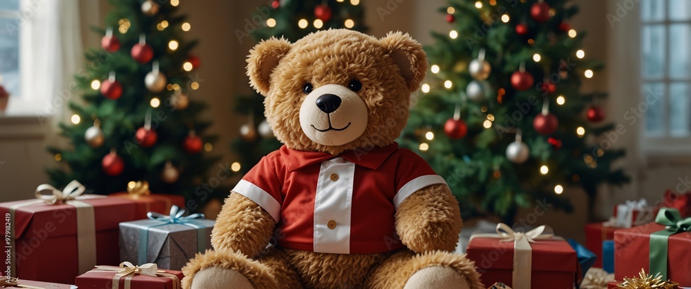 A smiling teddy bear in a Santa suit, standing beside a brightly lit Christmas tree, with presents scattered around A smiling teddy bear in a Santa suit, standing beside a brightly lit Christmas tree, with presents scattered around