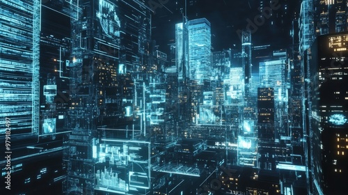 Wallpaper Mural Futuristic Holographic City Analysis, Featuring Advanced Technology and Augmented Reality for Urban Planning and Data Visualization Torontodigital.ca