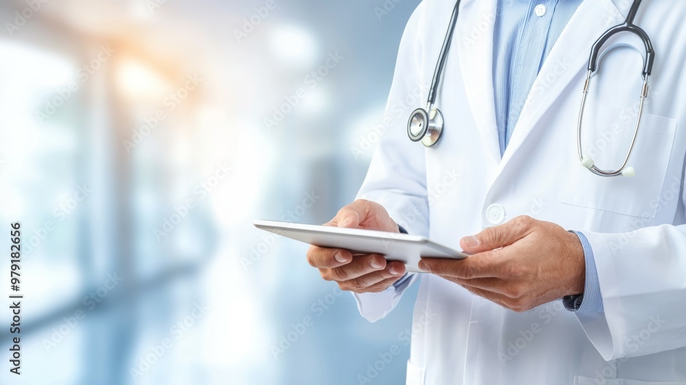 A doctor is holding a tablet in a hospital room A doctor is holding a tablet in a hospital room