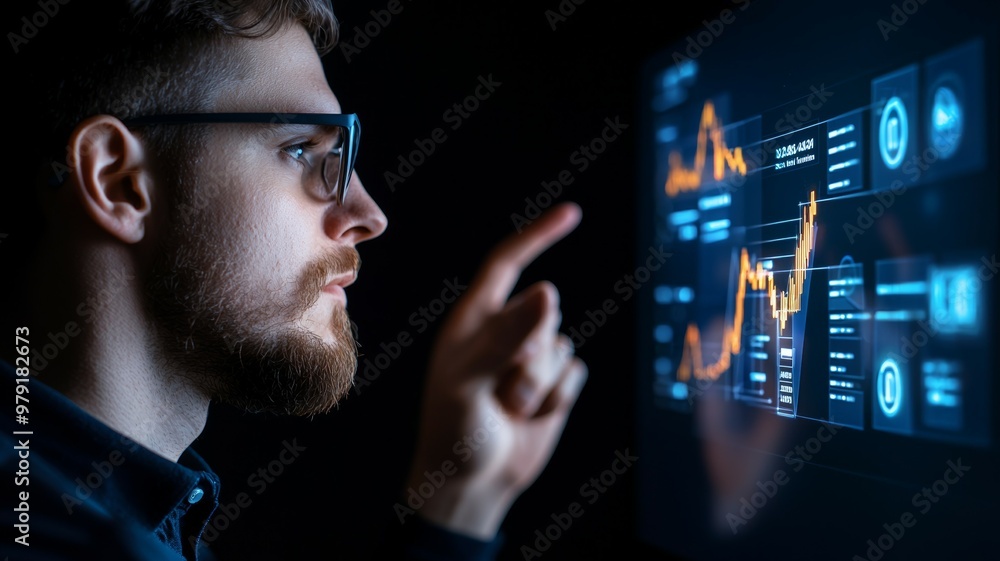 A man with glasses is pointing at a computer screen displaying a graph A man with glasses is pointing at a computer screen displaying a graph