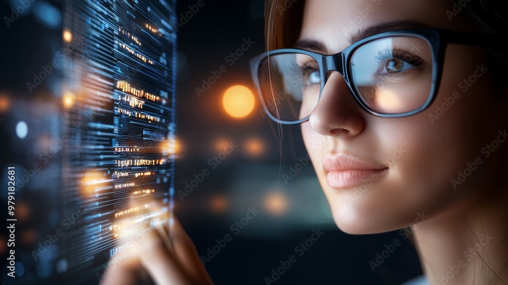 A woman wearing glasses is looking at a computer screen with a lot of numbers A woman wearing glasses is looking at a computer screen with a lot of numbers