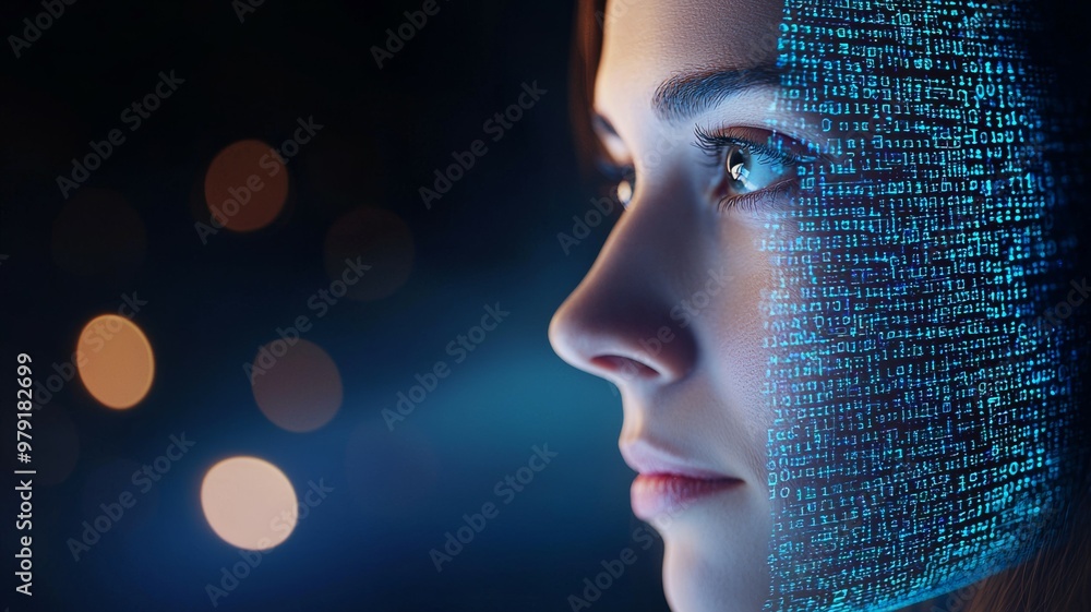 A woman's face is projected onto a computer screen A woman's face is projected onto a computer screen