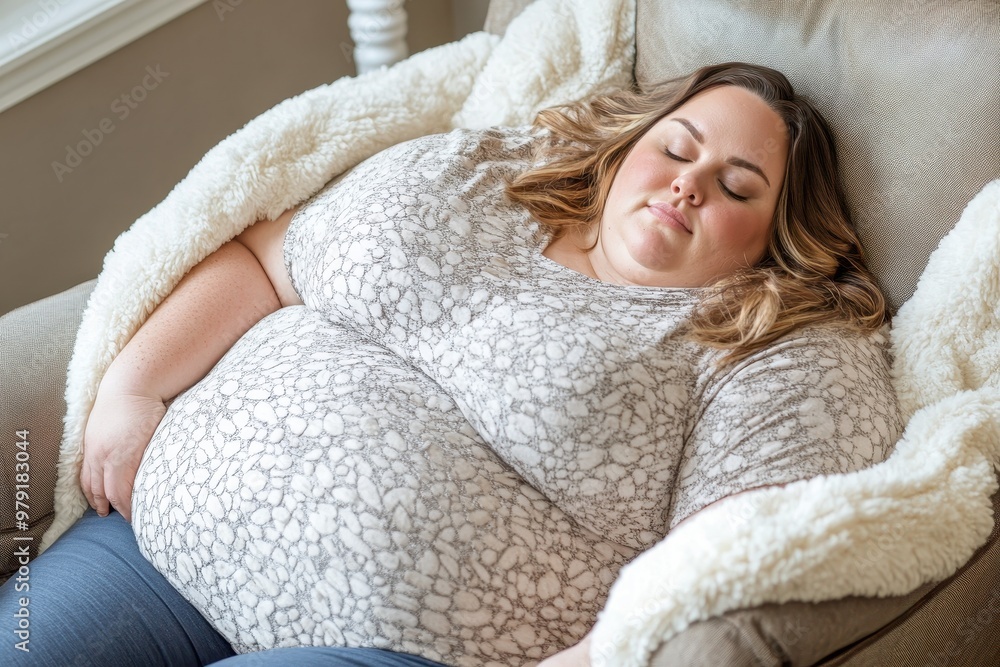 An obese, Overweight Caucasian woman napping on a recliner chair with a gentle smile with copy space An obese, Overweight Caucasian woman napping on a recliner chair with a gentle smile with copy space