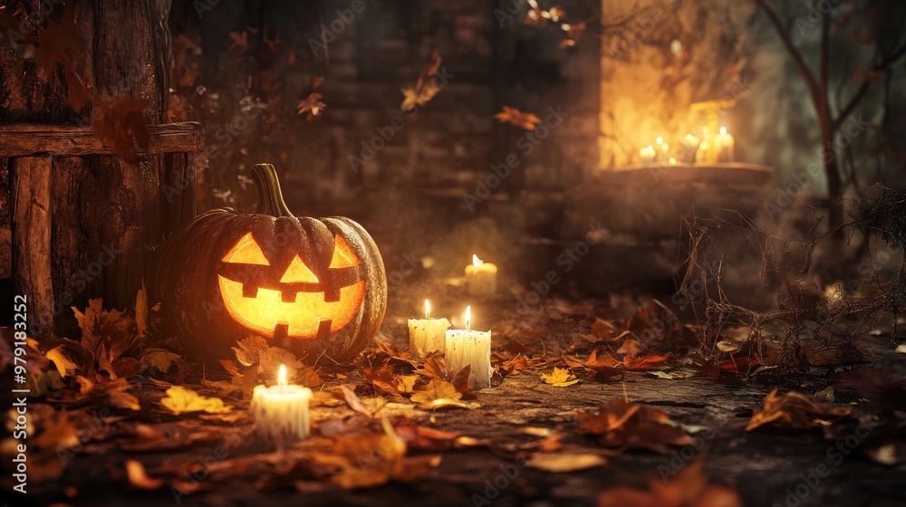 A spooky Halloween scene with a glowing jack-o-lantern, flickering candles, and autumn leaves scattered A spooky Halloween scene with a glowing jack-o-lantern, flickering candles, and autumn leaves scattered